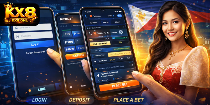KX8 user flow from login to betting on mobile device Bangladesh