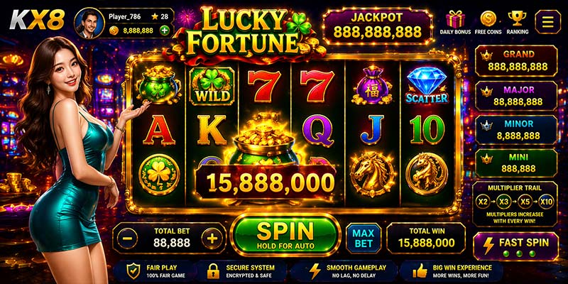 Lucky Fortune Slot KX8 reels spin jackpot interface gameplay