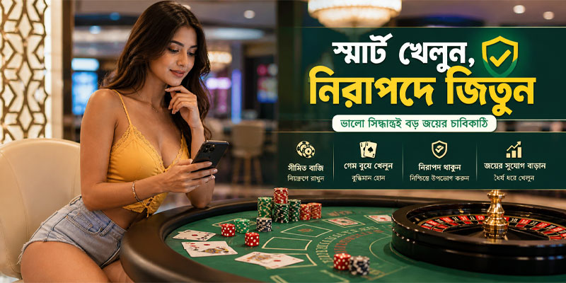 Mobile casino table gameplay with roulette chips, blackjack cards, dice, and a stylish female player reviewing safe betting choices