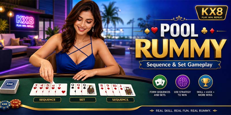 Pool Rummy KX8 card table with sequence and set formation gameplay
