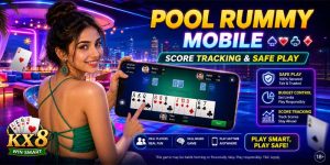 Pool Rummy KX8 mobile card gameplay with score tracking and safe play