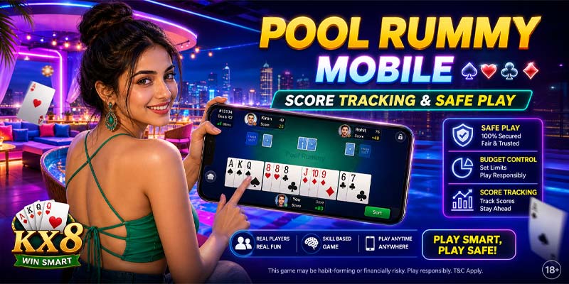 Pool Rummy KX8 mobile card gameplay with score tracking and safe play