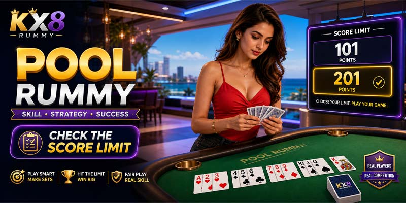Pool Rummy KX8 player arranging cards and checking score limit
