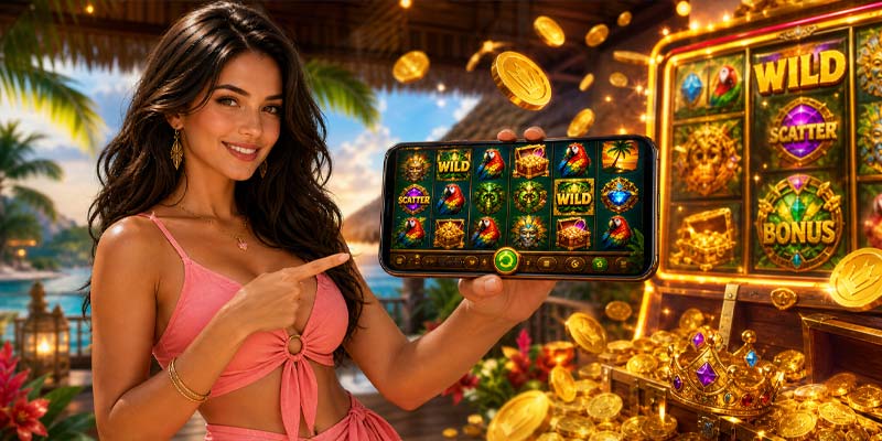 Wild Island Slot KX8 reels with tropical island symbols and jackpot gameplay